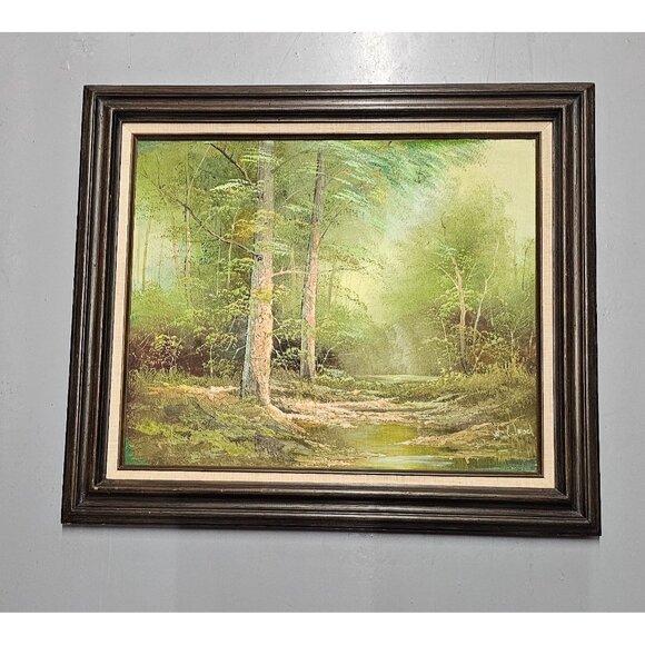 Stream in woods, signed "T / Y / J Woods" oil on canvas, 27 x‎ 30 1/2" - Picture 1 of 3